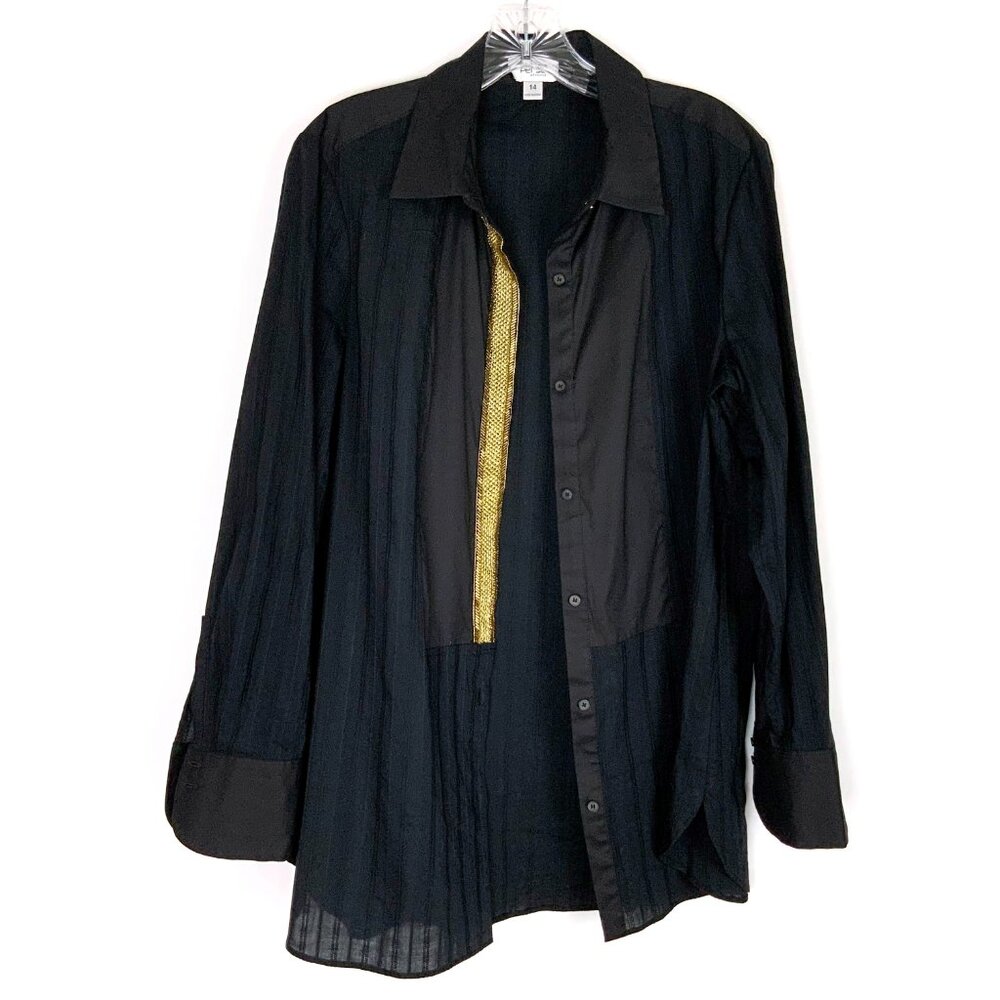 New Per Se by Carlisle Black Button Down Shirt Gold Embellishment Sz 14 - Picture 9 of 16